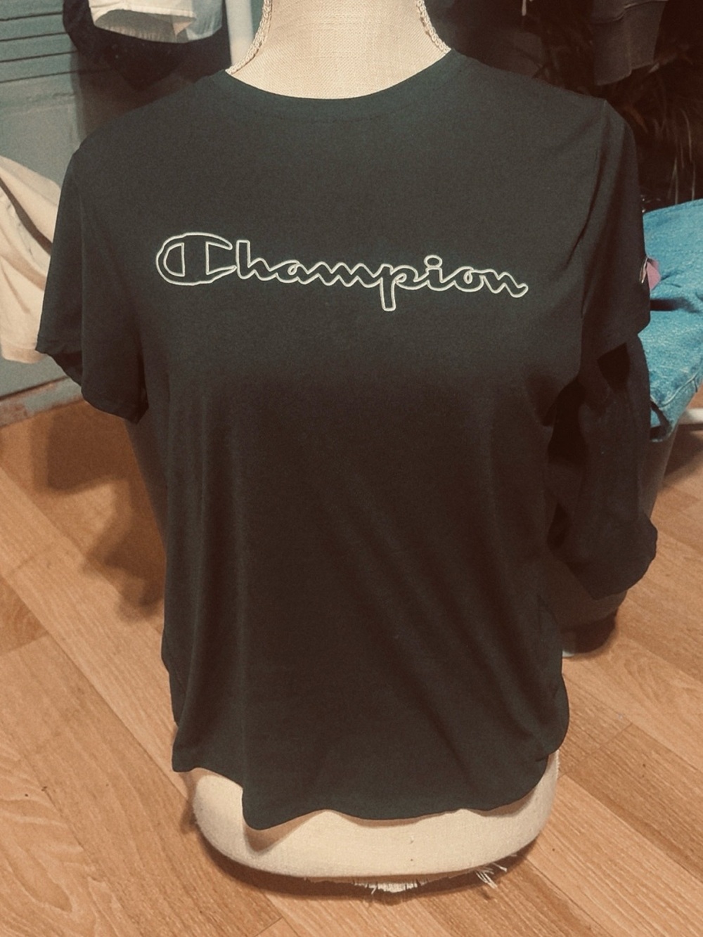 Champion Black Short Sleeve Tee with White Logo Outline